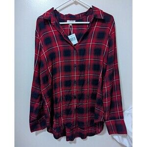 MAX STUDIO Men's Red Black Plaid Point Collar Long Sleeve Button-Up Shirt L